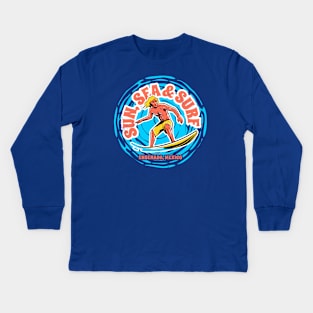 Vintage Sun, Sea & Surf Ensenada, Mexico // Retro Surfing // Surfer Catching Waves Kids Long Sleeve T-Shirt